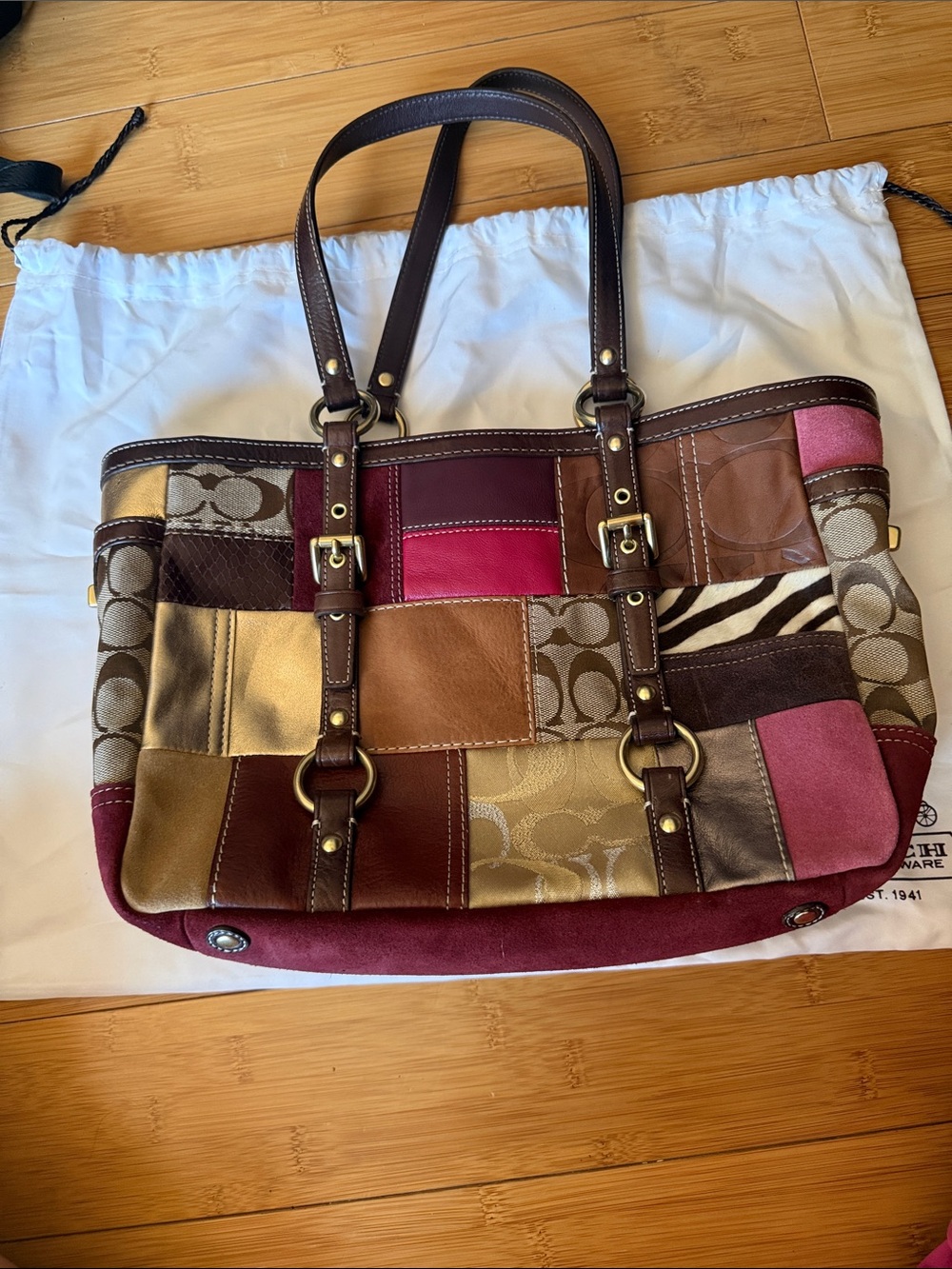 Coach Patchwork Tote in Brown, Pink, Gold, Tan & Cream - Picture 2 of 8